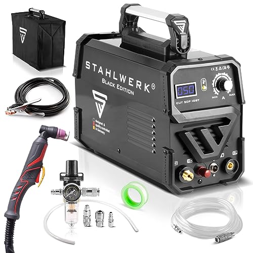 STAHLWERK CUT 50 Pilot IGBT Vollausstattung Plasmaschneider mit Pilotzündung und 50 Ampere, bis 14 mm Schneidleistung (CUT 50 Pilot IGBT, Metall und Hartplastik, 46 x 27 x 33 cm)