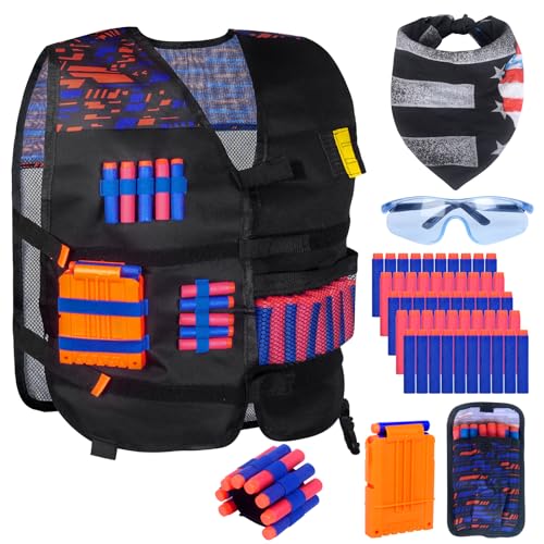 Tactical Vest Kinder Nerf Weste Set for Nerf N Strike Elite Series, Nerf Zubehör mit Magazine Clips Quick Recharge, Bullets Darts Recharge, Wrist Bands, Schutzbrillen, Halstuch für Jungen Mädchen