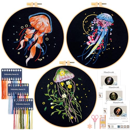 JSRQT 3 Sets Embroidery Set Sticken für Anfänger Erwachsene Stickerei Stick Starter Kit Gestempelten Sticksets für DIY Kunst Handwerk Geschenk Kreuzstich Kit Cross Stitch Set Farbfäden und Werkzeuge