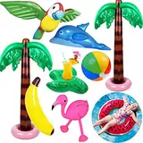 Yetech Aufblasbare Palmen Baum Strand Spielzeug Set, 9PCS Aufblasbare Palmen Flamingo Spielzeug,90 cm Wassermelone Aufblasbarer Schwimmring,Fliegen Papagei Delphin ,Hawaii Party Deko Beach Backdrop