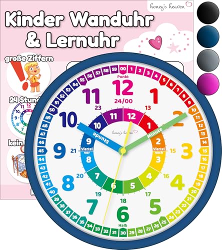 Honey's Heaven Wanduhr für Kinder - Lernuhr zum Lernen der Uhrzeit - analoge Kinderuhr ohne Tick Geräusche, mit lautlosem Uhrwerk - Kinderzimmer Deko für Jungen und Mädchen (dunkelblau)