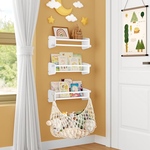 GoTiling 4er-Set Wand Bücherregal Kinderzimmer: 40cm Schwebende Wandregal Kinderregal mit 1er Aufbewahrung Netz - Montessori Kinder Regale für Bücher, Spielzeug und Dekoration(Holz, Weiß, Wandmontage)