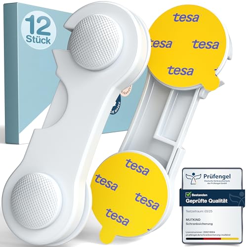 MUTKIND® Kindersicherung Schrank (12 STK - Kleber von TESA) - Extra Starker Halt - Schranksicherung Baby - Schubladensicherung Baby für Schränke, Kühlschrank, Türen - Kindersicherung Schubladen Weiß