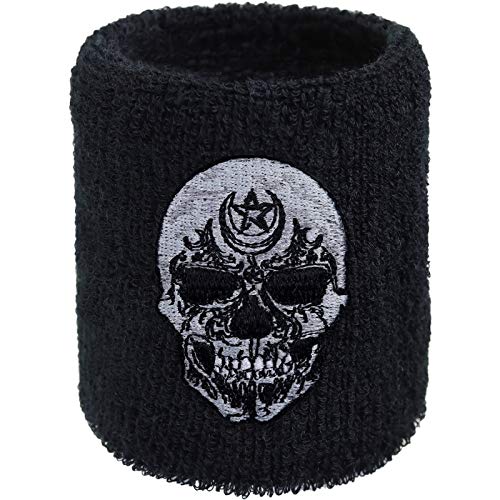 Schweissband SKULLSTAR Stickerei Designer Schweißband Totenkopf Biker Absorbierendes Frottee Handgelenk Heavy Metal Motor-Sport Wristband Rocker Geschenk Cruiser Armband