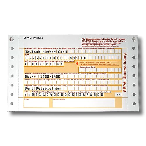 Litfax SEPA Überweisungsträger mit personalisiertem Überweisungsvordruck, 100 Stück - DIN A6, 2-fach mit Durchschlag, beidseitigem Führungslochrand, selbstdurchschreibend - Bankneutral in Deutschland
