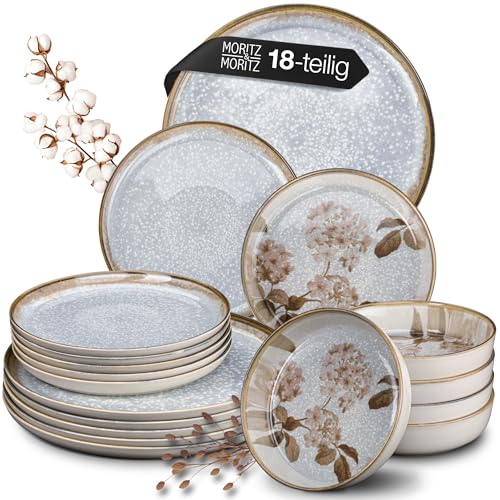 Moritz & Moritz BLOSSOM 18-teiliges Geschirrset 6 Personen - Elegantes Teller Set aus hochwertigem Porzellan mit floralem Design - Geschirr Set aus 6x Dinnerteller, 6x Dessertteller, 6x Suppenteller