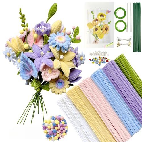 YYUENGTAK 500 Stück Pfeifenreiniger Blumen Set（6 Farben）,Pfeifenputzer zum Basteln Blumen,pipe cleaners flower,mit Anweisungen,pompons,20 Stück Blumendraht,2 verschiedene Blumen Staubblatt,Klebeband