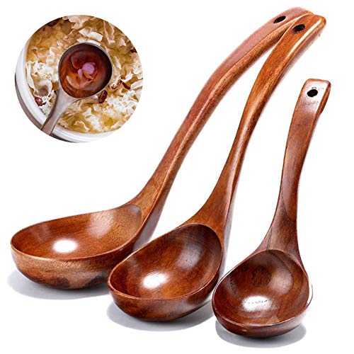 Naturholz Suppenkelle und Suppenlöffel - Japanischer Stil Mit Langem Griff - Holzwaren Küchengerät - 3 Stück