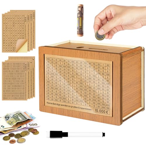 Nepfaivy Spardose mit Zähler Ankreuzen aus Holz - Wiederverwendbare Sparbox mit Zahlen aus 10000 5000 Euro usw. Sparzielen, Goalsaver Box | Geldsparbox | Retro Sparbüchse für Kinder Erwachsene