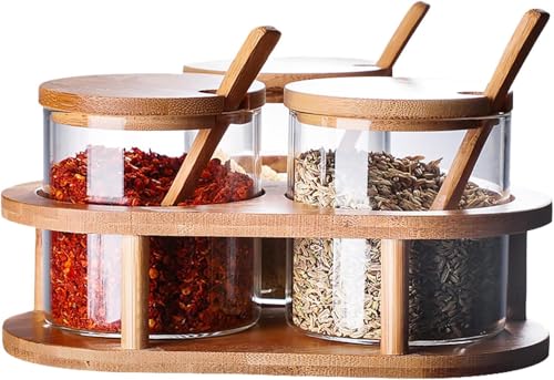 Gewürzgläser aus Glas, Gewürzdosen Gewürzbehälter Zuckerdosen mit Löffel, Bambusdeckel und TablettSet, Aufbewahrung Salz, Tee, Kaffee und Zucker für Küche und Esstisch, 3x280ML