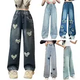 Baggy Jeans Mädchen Weites Bein Jeanshose Elastic Waist High Waist Wide Leg Freizeithose Pants Girls Hosen für Kinder Loose Streetwear Y2K Schlaghose Hohe Taille Cargo Hose Frühling Sommer