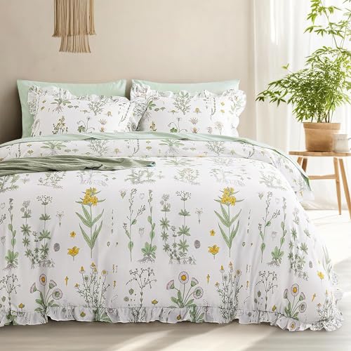 Lanqinglv Rüschen Bettwäsche 135x200 cm Grün Weiß Blätter Blumen Muster Pflanzen Bunt Mikrofaser Bettbezug mit Reißverschluss und 1 Kissenbezug 80x80 cm