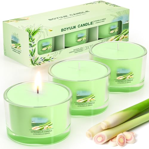 Citronella Kerze Outdoor - Natürliche Sojawachs Kerzen 3er Set mit Citronella Duft für Garten, Camping, Picknicks, Balkon, Terrasse - 12 Stunden Brenndauer pro Kerze