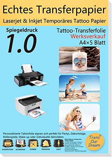 TransOurDream Inkjet/Laser Tattoo Papier A4X5 Blatt DIY Folie Zum Bedrucken,Spiegeldruck,für Kerzen, Temporäres,Decal für Tintenstrahldrucker/Laserdrucker, Tranferfolie