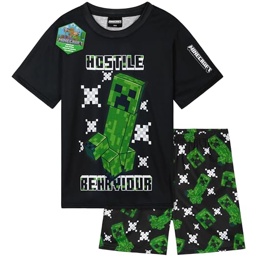 Get Trend Minecraft Schlafanzug Kinder Jungen Kurz Sommer Pyjama Set Atmungsaktiv Creeper Teenager Gamer Geschenke für Jungs (11-12 Jahre, Schwarz Minecraft)