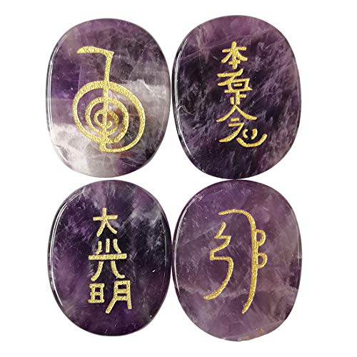Lovionus89 4 Stück Amethyst Graviert Chakra Steine Heilung Kristall Reiki Ausbalancieren Palme Stein,25mm