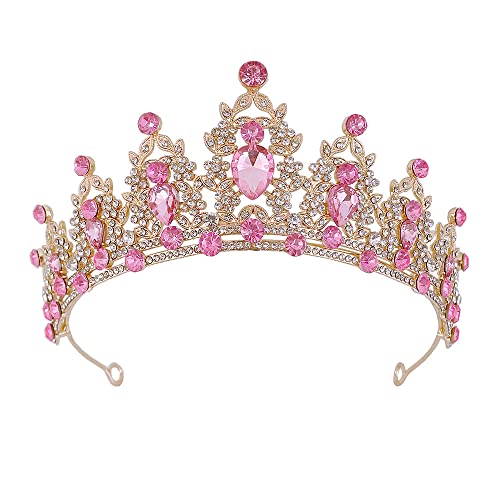 Rosa Strasssteine Mädchen Kristall Tiara Hochzeit Braut Frauen Prinzessin Stirnband Krone Haarschmuck für Geburtstag Party Festzug Abschlussball Königin Kostüm Bühnenauftritte