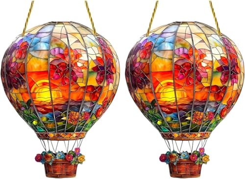 Heißluftballon Solar Gartenleuchte | 2 Stück gebeizte Sonnenfänger Hängende Solarlaternen Heißluftballon Acryl Fenster Hängende Ornamente Innen Fenster Hängende Kunst für Innen Außen