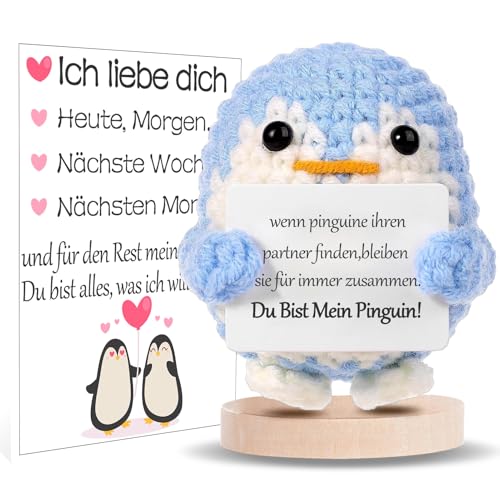 Geschenk zum Valentinstag für Ihn Sie, Ich Liebe Dich Geschenke für Frauen, Geschenk für Paar- Strickwolle Pinguin Puppe mit Große Emotionskarten, Jahrestag Geschenk für Sie (Blau)