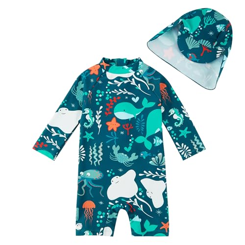 upandfast Baby Jungen Badeanzug mit Sonnenhut UPF 50+ Einteiliger Reißverschluss Kleinkind Badeanzug(Grün Wal,18-24 Monate)