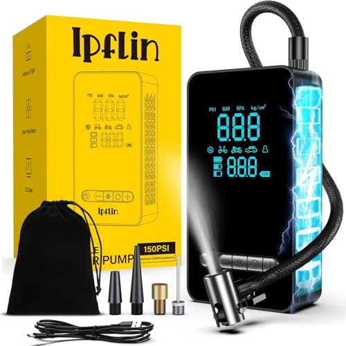 Elektrische Luftpumpe, 150 PSI Tragbare Akku Kompressor 12V 6000mAh, Wiederaufladbarer Luftpumpe Fahrrad mit LED-Licht, Elektrische Fahrradpumpe für Auto, E-Bike, Motorrad
