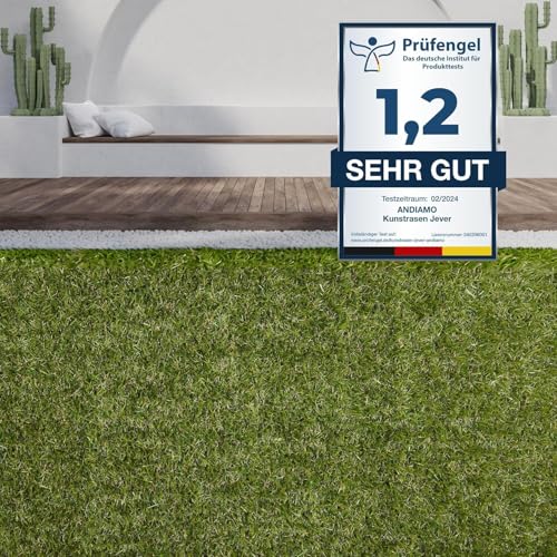 Andiamo Kunstrasen Jever Outdoor Teppich wetterfest – Rasenteppich für Balkon & Terrasse, wasserdurchlässig mit Drainage-Noppen, robuster Balkon Bodenbelag in Grün – Größe (133 x 400 cm)
