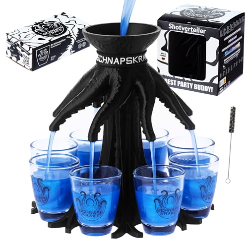 Schnapskrake ® - Das Original - Getränkeverteiler für 8 Personen - 18 Geburtstag Geschenk - Bar Butler - Ausgiesser - Einschenker (schwarz, inkl. Gläser)