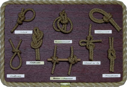Seilflechter Knotentafel Rustikal ca. 32 x 22 cm auf Edelholzplatte mit Tauwerkumrandung