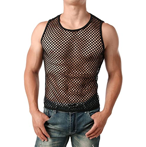 ROSVAJFY Herren Muskelshirt Ärmellos Netz, Mann Tanktop Transparent, Männer Netzhemd Atmungsaktiv, Herrens Netz Shirt Trägershirt Sport Top Gym Clubwear Fischnetz Sexy Schwarz (Schwarz 2, L)