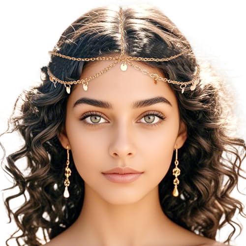JJUNW Gold Göttin Kopfkette, Boho Stirnband Kopfschmuck, Pailletten Quaste Haarkette Kopfkette Braut Festival Kostüm Haarschmuck Stirnkette für Frauen und Mädchen(Metallische Pailletten)