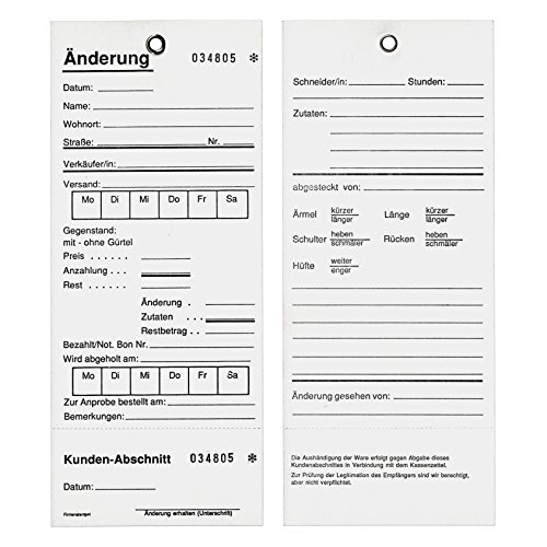 800 Änderungskarten - Arbeitsaufträge für den Bekleidungshandel Größe: 75 x 175 mm, beidseitig bedruckt mit Öse und Sicherheitsfäden, Kundenabschnitt, zweifach fortlaufend nummeriert