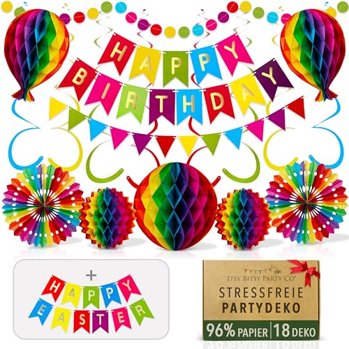 Premium Wiederverwendbare Geburtstagsdeko - Regenbogen Deko Geburtstag / Party Deko - Happy Birthday Girlande, Wimpelkette Geburtstag, Wabenbälle - Happy Birthday Deko (Regenbogen Partydeko)