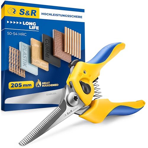 S&R Mehrzweck-Kombischere 205 mm, 50 mm Edelstahl Klinge, Schere HRC 50-54, anpassbare Öffnungsweite, ergonomische Griffe, Universalschere Kombischere