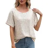 2025 Pailletten-Tops für Damen, glitzernde Glitzer-Blusen, kurzärmelige Pailletten-Shirts für den Urlaub, Clubabend Satin Hose Damen (Gold, XL)