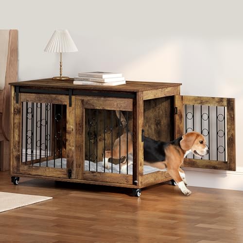 EUGAD Hundebox für Zuhause, Hundekäfig mit 2 Türen 5 Rädern, Hundegitter für große mittlere kleine Hunde, Hundehaus 100x65x56 cm, Beistelltisch, aus Metall Holzwerkstoff, Vintagebraun, 0353GL