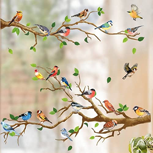 WandSticker4U®- XXL Fensterbilder Herbst VOGEL-TREFFEN I Fenster Aufkleber Fenstersticker selbstklebend Baum-Ast Zweige Pflanzen Blätter Wohn- & Schlafzimmer wiederverwendbar GROß