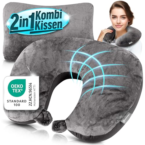 Heimwert Reisekissen - 2in1 Memory Foam Nackenkissen Stützkissen,Nackenhörnchen, 37x27 cm - Travel Pillow für Flugzeug, Camping, Reise - Ergonomisches Kopfkissen mit Microperlen (Grau)