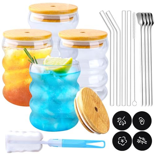 KIMIGO Gerippte Trinkgläser mit Glasstrohhalmen 4er Set(350ml),Iced Coffee Glass,Cocktailgläser Set,Bubble Tea Cups,Wassergläser,Longdrinkgläser für Bubble Tea,Whiskey,Cocktail,Biergläser