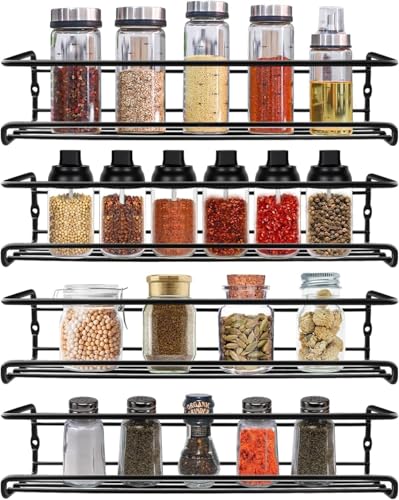 Shodiffy Gewürzregal Wand, 4er-Pack Gewürz Organizer Gewürzhalter Ohne Bohren Kühlschrank Organizer Küchenregal Wand Schwarz ca. 29 x 6,6 x 6.4 cm