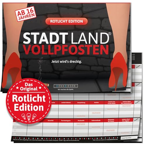 DENKRIESEN - Stadt Land VOLLPFOSTEN® - Rotlicht Edition | ab 16 Jahren | DIN A4 Spielblock | Partyspiel | Spaß vorprogrammiert | Stadt Land Fluss | Scherzartikel | Geschenkidee
