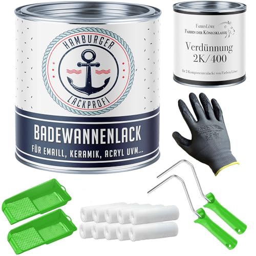Badewannenlack im Set GLÄNZEND Weiß RAL 9010 Badewannenbeschichtung Emaille Farbe inkl. Farbroller, Handschuhe & Entfetter (X300) // Hamburger Lack-Profi (1 L)