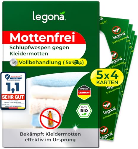 Legona® Schlupfwespen gegen Kleidermotten | 4 Karten à 5 Lieferungen | Effektiv Kleider Motten bekämpfen | Alternativer Mottenschutz für Kleiderschrank, Mottenfalle Kleidermotten, Mottenspray