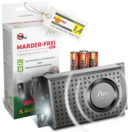 Gardigo® Marderschreck - Marder-Frei Dual mit Batterien | Mobile Marderabwehr für KFZ, Haus, Dachboden, Garage | Schall und Blitzlicht | Anschluss an 12V Autobatterie oder Batteriebetrieb möglich