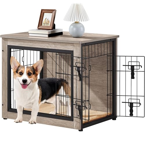 Yaheetech Hundekäfig Möbel mit Hundedecke & 2 Türen, Hundebox für Zuhause, Moderne Hundehütte Indoor, Hundebox Holz für Wohnzimmer, 69x51x61 cm, Grau