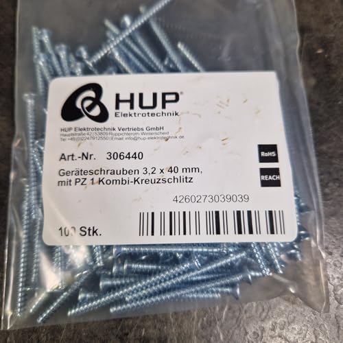 HUP 100 x Geräteschrauben für Unterputzdosen, Phillips, 40 mm Innensechskantschrauben