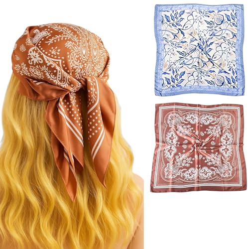 ElevaPulse Bandana, Kopftuch Damen, 2 Stück Seidentuch Damen mit Grafikdruck, 70x70cm Quadratisches Haartuch für Festival Outfit Damen, Vielseitiges Fashion Accessoire für Frauen