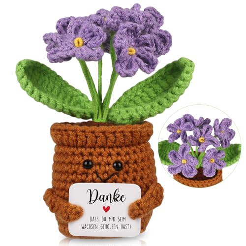 WenmthG Danke Geschenk Positive Lila Blumenstrauß Deutsch Glücksbringer, Dankeschön Geschenke für Freunde Kollegen und Famili, Positive Kartoffel Deutsch Ersatz Gestrickte Lila Blumenstrauß