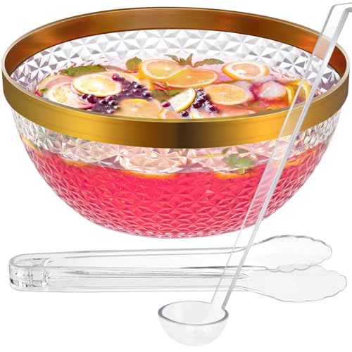 NiHome Transparente Bowle Gefäß mit Goldrand 5L，Bowle Gefäß – Inklusive Schöpfkelle & Zange, Ideal für Salate, Snacks & Getränke，Perfekt für Partys, Hochzeiten & BBQs