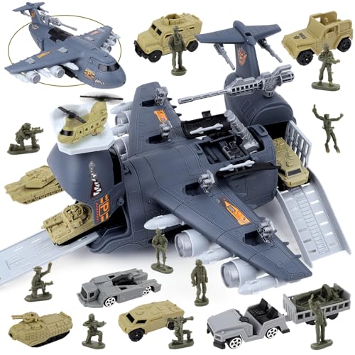 deAO Transport Flugzeug Spielzeug, 21Stck Transport Cargo Flugzeug mit Auto Spielzeug Spiel Set, Hubschrauber, Army Action Figuren, DIY Flugzeug Spielset mit Rampefür Kinder ab 3 Jahre Junge Mädchen