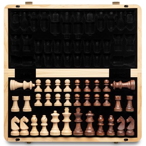 A&A Magnetisches Schach-Set aus Holz, 38,1 cm, klappbares Brett, 7,6 cm, Königshöhe Deutscher Ritter Staunton Schachfiguren/2 extra Königin/Brettspiele